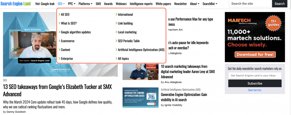 Search Engine Land 메인 페이지 내 SEO탭 캡처